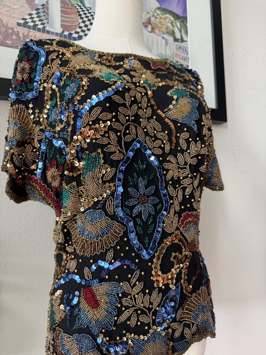 Black Tie Tops - INCREDIBLE Vintage 80s Black Tie 100% Silk Fully Beaded Statement Top Sz Medium
